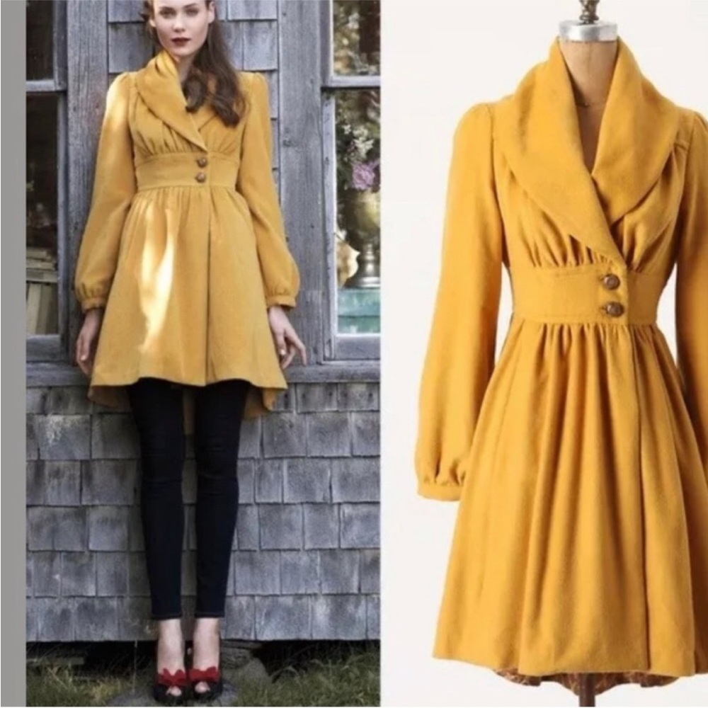 Anthropologie Plenty by Tracy Reese Mustard Marigold Vintage Coat Jacket